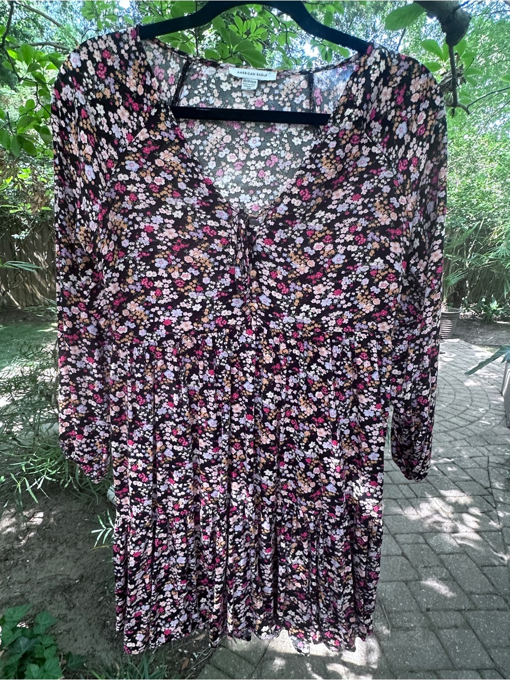 American Eagle Outfitters Black Floral V-Neck Dress with Pink & Cream Blooms